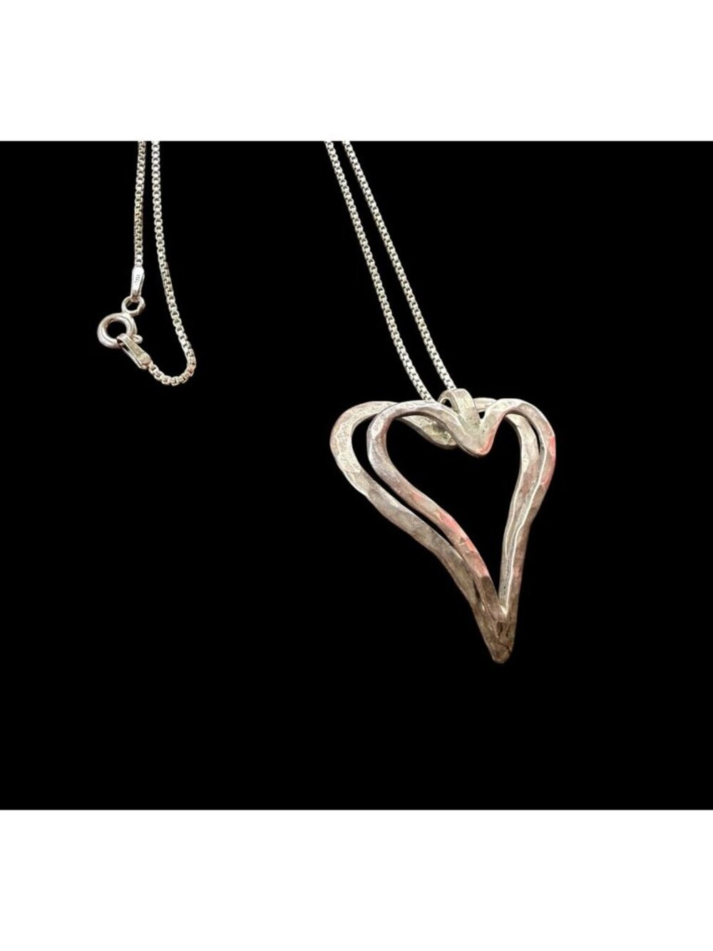 Signed 950 Silver Hammered Double Heart Pendant Italy Box Chain Necklace